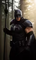 batman costume in the middle of a forest