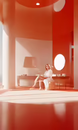 a woman sitting in front of a red and white wall