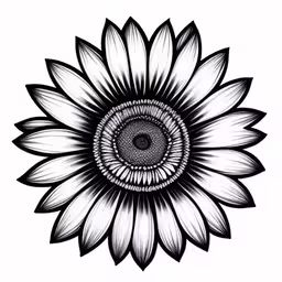 an image of a sunflower in black and white,a black and white flower drawing with lots of petals