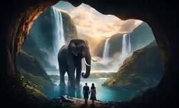people standing at an elephant statue near a waterfall