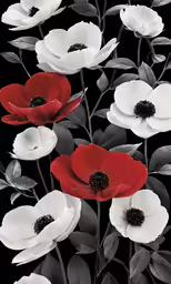 a group of red and white flowers on a black background