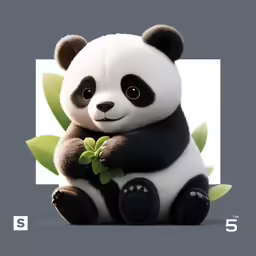 a panda bear sits down with leaves on its back