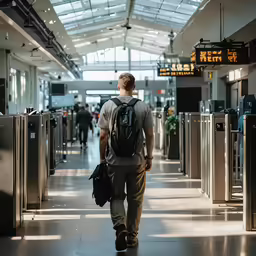 a person walking down a walkway towards an airport