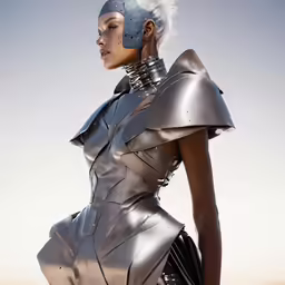 the model wears an unusual fashion inspired dress made from metal