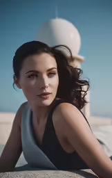 a woman laying on the ground by the ocean