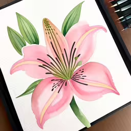 a drawing of a pink flower on top of a piece of paper
