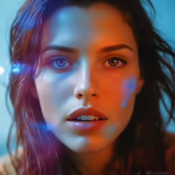 the woman is showing the glowing blue eye makeup