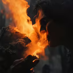 man in black shirt holding burning item with flame coming out of mouth