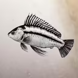 a black and white fish floating through a glass