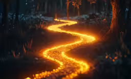 a long winding path lit up at night