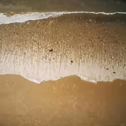an aerial view of the beach and sand, with a wave