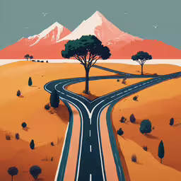 a long winding road in a desert area,a very long road leading to a lone tree