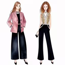 fashion design sketches showing a woman with red hair, wearing a top and trousers