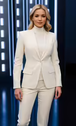 a woman standing in front of a wall of lights