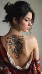 the back view of a woman with tattoos on