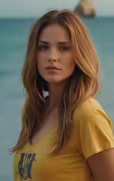 young woman in yellow shirt standing near beach in ocean