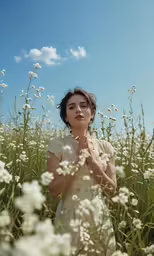 a woman standing in flowers praying