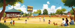 several children and adults are playing in the field