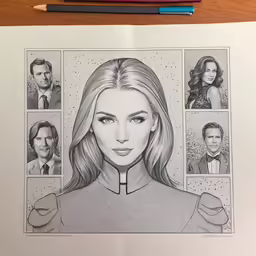 the drawing depicts a woman with multiple hair types