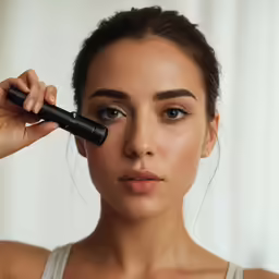 a girl has her eyebrows brushed with a black roller
