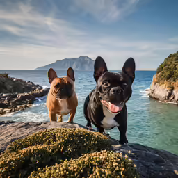 two dogs standing on rocks and water in the background
