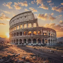 the sun is setting in front of the ruins of the colossion