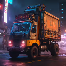 a large vehicle drives down the street at night,a large truck is driving down the street