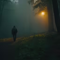 the person is walking in the dark wooded area