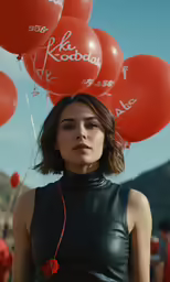 a woman standing in front of red balloons