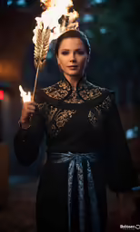 woman dressed in elaborately designed clothes holds torches in their hands