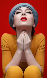 a woman sitting down with her hand to her chest and looking up