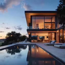 an empty swimming pool in front of a modern home