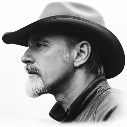a black and white photo of a man wearing a hat