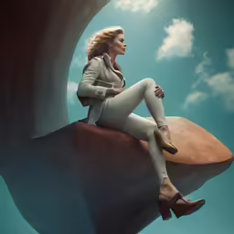 a woman with long hair sitting on a rock and looking off into the distance