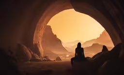 a person sitting on rocks looking out at the water