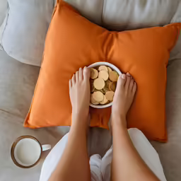 a person sitting on a bed with their feet on a bowl of food