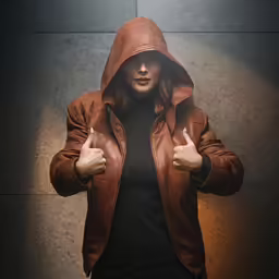 a woman wearing a brown leather jacket standing in front of a wall