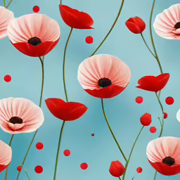 large poppy flowers against a sky with red dots
