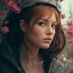 a girl in a raincoat next to red flowers
