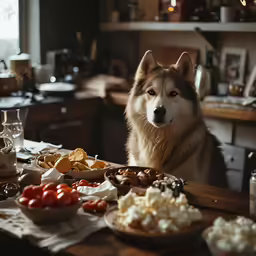 a dog sitting at the end of a kitchen counter with food on the plates