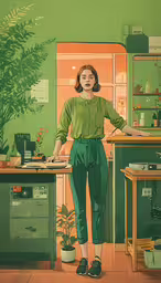 woman in green standing near open cabinets, and potted plant in green room,a woman stands in front of a kitchen counter