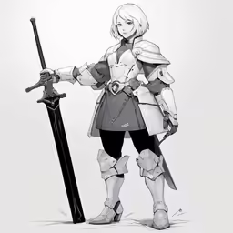 a cartoon woman with an armor, sword and shield