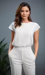 a woman wearing white posing for a photo
