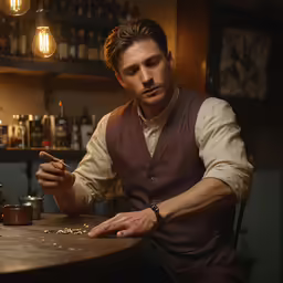 man with a knife sitting at a table and lighting cigars