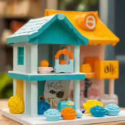 a plastic toy house with its roof on a small table