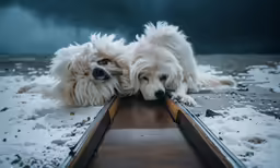two fluffy dogs are sticking their heads on a bench