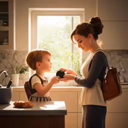 a young child is playing with an item while the mom watches