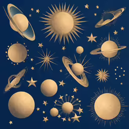 illustration of the solar system with stars, planets and satellites