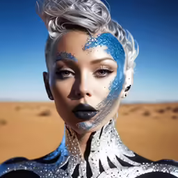 a futuristic photo of a girl with hair and make up painted to look like a space junk