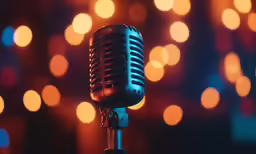 a microphone with blue light boke in the background